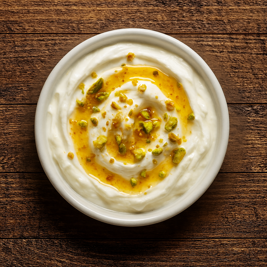 Yaourt grec accompagné de miel Hellenique et pistache